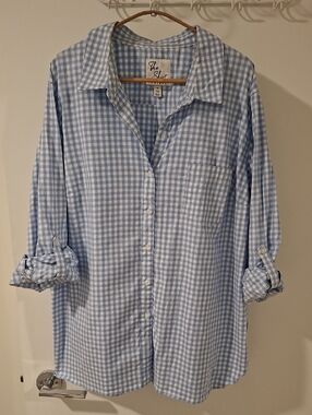 Tribal Pale Blue & White Gingham Cotton Relaxed Roll-tab Sleeve Shirt (Size 2XL)